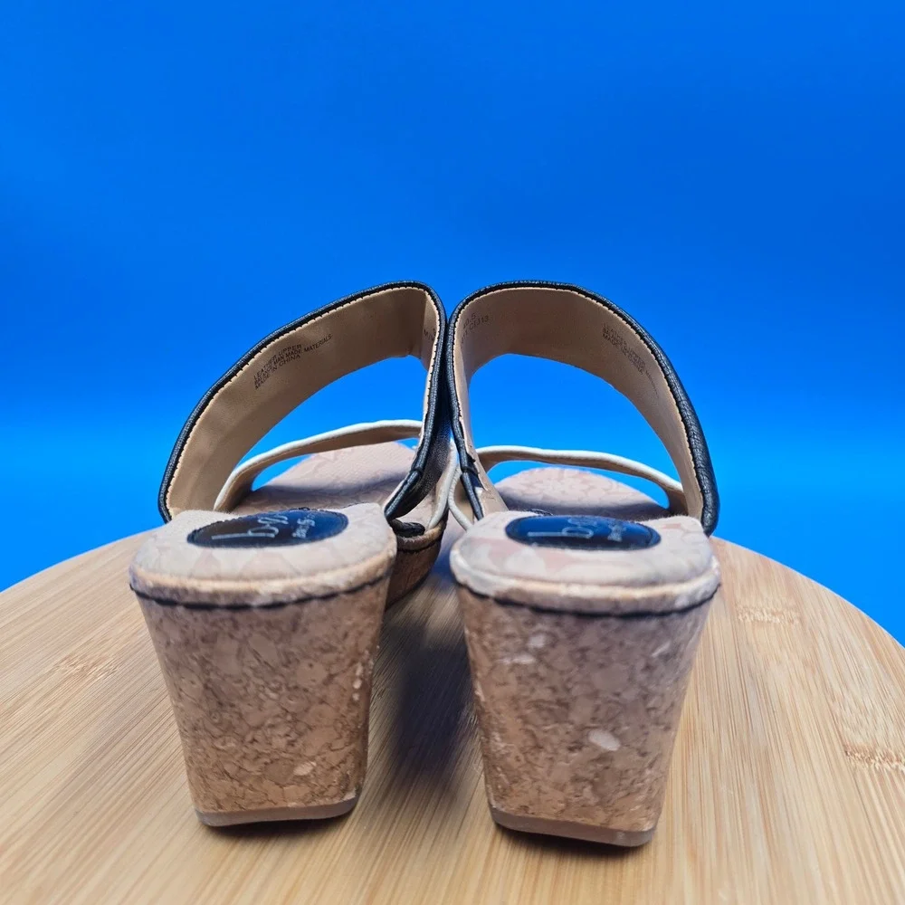 B.O.C. Born Concept Leather Wedge Sandals Black Cream‎ Cork Size 9 C57011